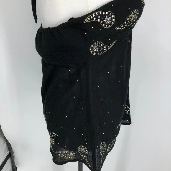 NWT Marciano Black Cotton Halter Top  w Gold Studded Paisley Embroidery size L - Picture 9 of 15